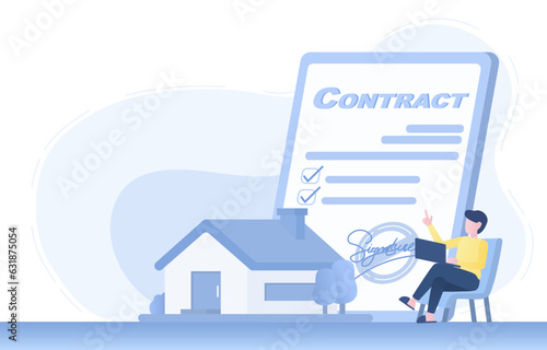 Housing contract and legal binding document concept. Business people managing contracts through digital devices online. Buy, sell, rent, borrow real estate contracts. Flat vector design illustration.
