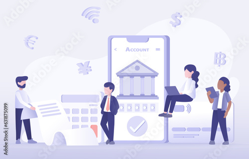 Online banking, account login, saving and mobile payment. Digital wallet, electronic statement, NFC (Near Field Communication) easy payment, exchange currency. Flat vector design illustration.
