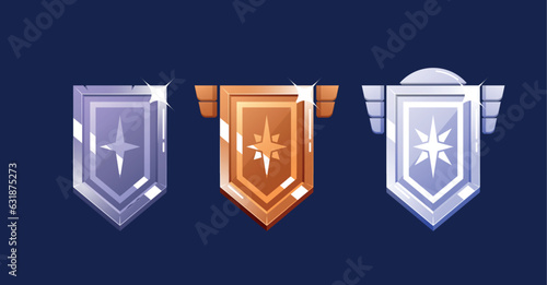 Award Achievement Badges, Game Level Ui Or Gui Icons. Iron, Bronze And Silver Banners Or Shields With Wings And Stars