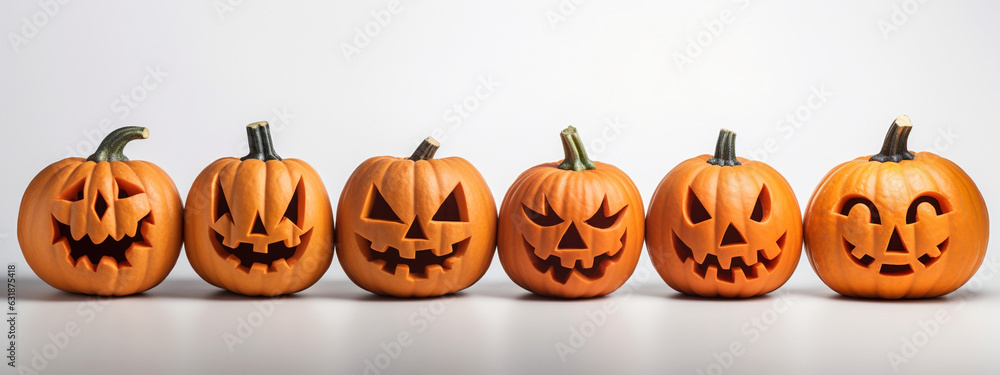 Group of pumpkins with ominous shadows on the white background, sinister pumpkins , Halloween, Generative AI Group of pumpkins with ominous shadows on the white background, sinister pumpkins , Halloween, Generative AI