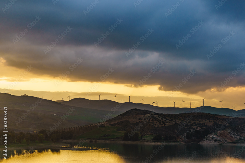 Obraz premium Andalucia at sunset with wind turbines, Spain