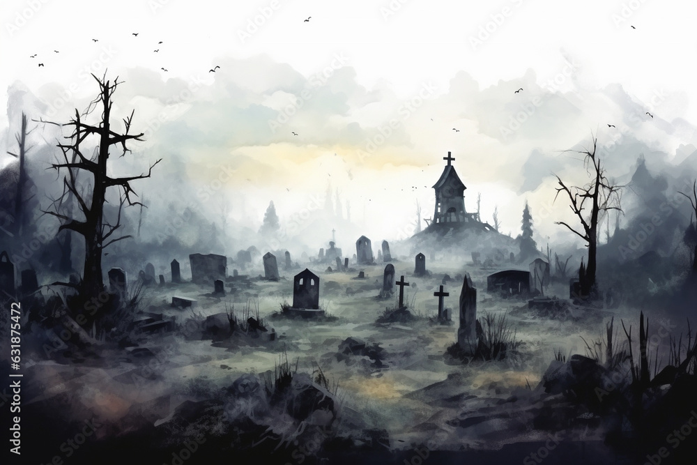 Eerie graveyard with fog and tombstones, watercolor style, Halloween, Generative AI