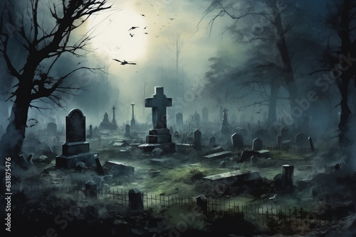 Eerie graveyard with fog and tombstones, watercolor style, Halloween, Generative AI