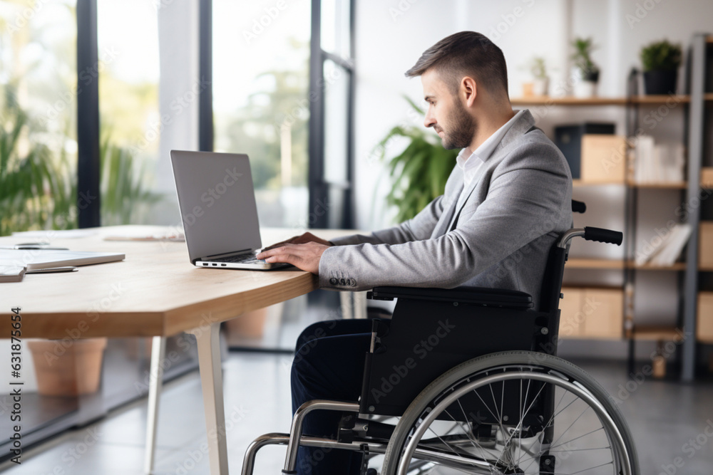 Disabled Man in Wheelchair Working in the Office at a Laptop Disabled Man in Wheelchair Working in the Office at a Laptop