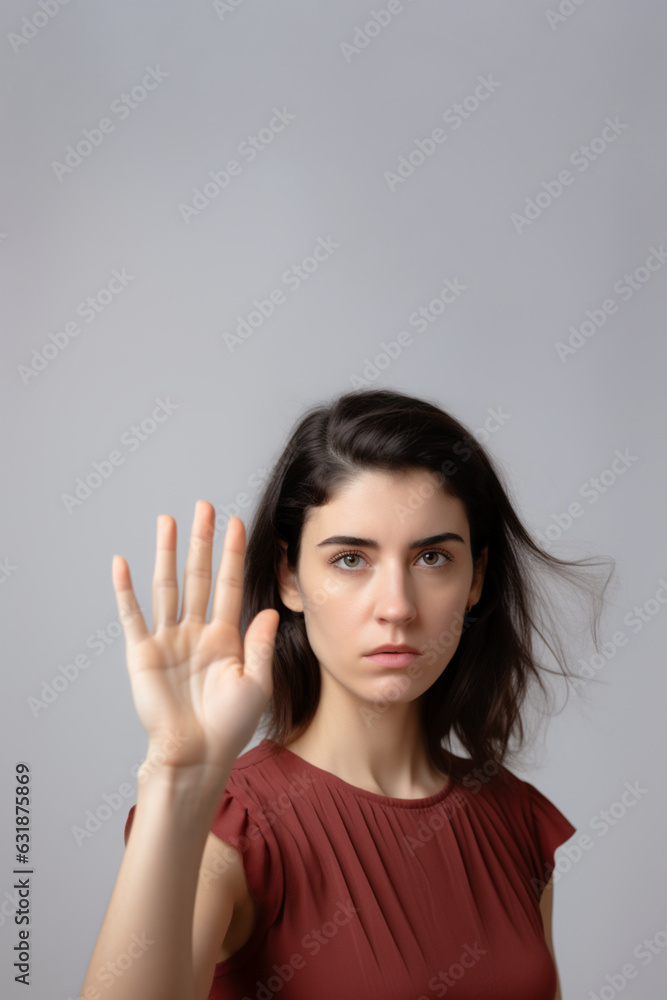 Woman's hand in selective focus showing stop Woman's hand in selective focus showing stop