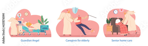 Isolated Elements with Angel Guardians Protect And Support Elderly People, Guiding Them And Offering Comfort