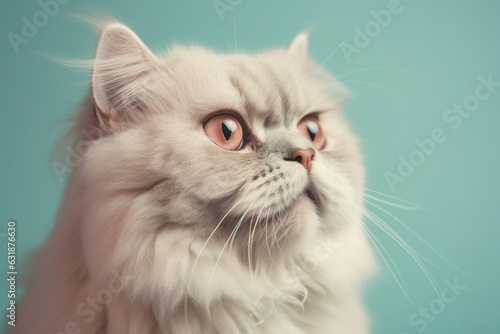 Close up of persian cat on blue background. Filtered image processed vintage effect.