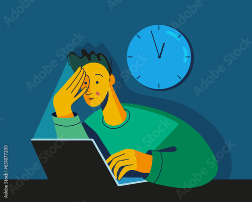 Young man working with laptop at night. Working late, overtime office works and computer worker nights.