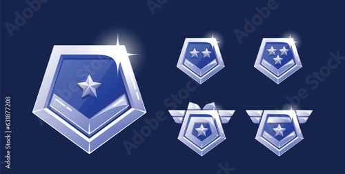 Combat Game Level Metallic Ui Icons, Pentagon Military Badges, Chevrons Or Banners With Wings, Stripes And Stars