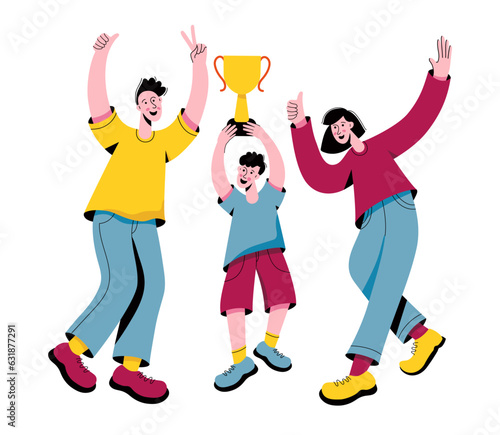Happy parents celebrating son's winning award together. Young parents cheering son about winning sporting competition.
