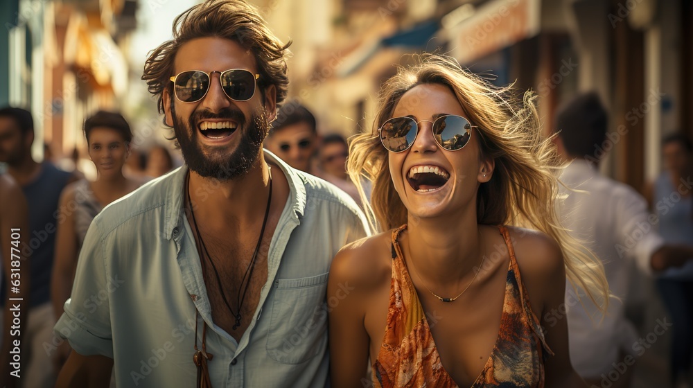 Happy people, couple man and woman travel the world and have fun Happy people, couple man and woman travel the world and have fun
