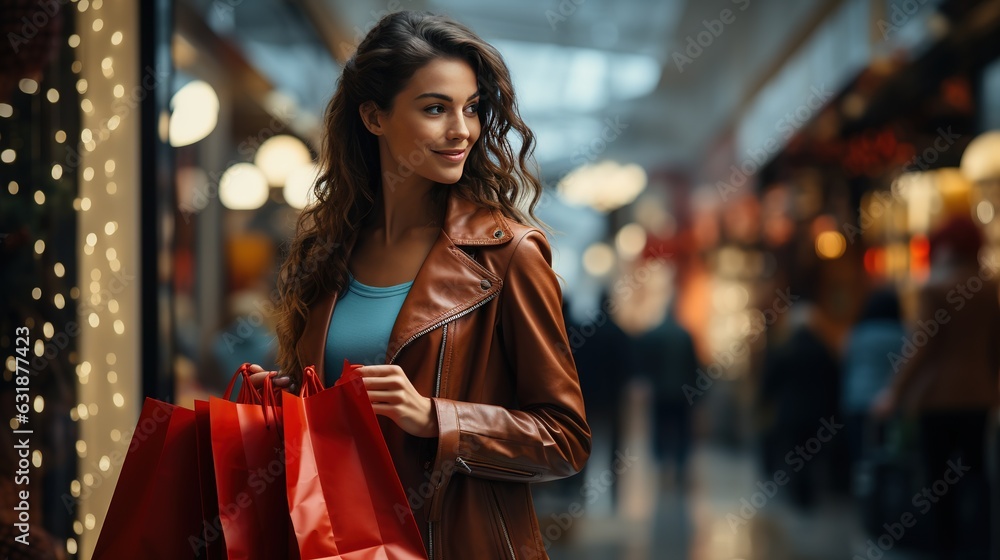 Brunette Woman with shopping bags in the mall looking at the shop window. Holiday shopping Brunette Woman with shopping bags in the mall looking at the shop window. Holiday shopping
