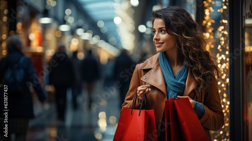 Happy Brunette Woman with shopping bags in the mall looking at the shop window. Holiday shopping