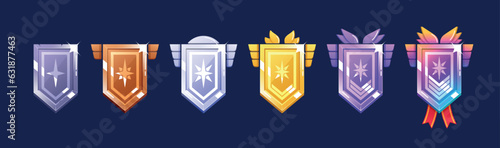 Game Achievement Badges, Metallic Level Ui Icons, Iron, Bronze, Silver Or Steel, Gold, And Platinum Banners With Wings