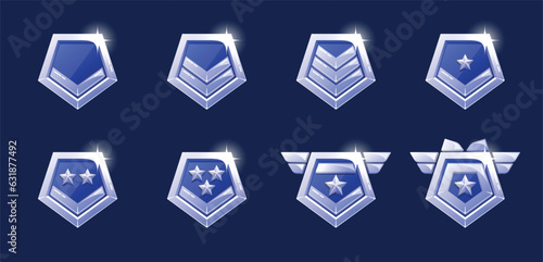 Combat Military Chevrons Evolution. Game Level Metallic Ui Icons, Silver Or Steel Achievement Badges