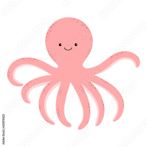 Cute cartoon smiling octopus. Vector illustration of an inhabitant of the underwater world. Octōpoda.