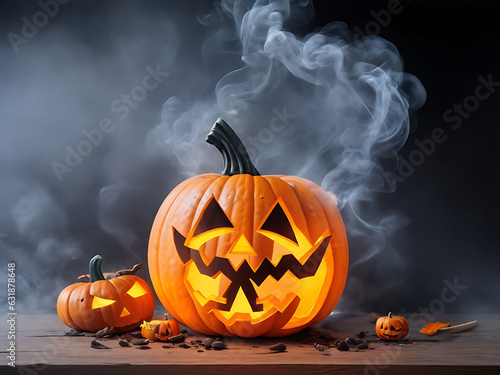 Halloween pumpkins with smoke on dark background. 3d rendering halloween background