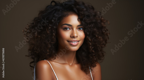 Woman healthy happy smile with clean skin. Blackskin beauty. Advertising style.