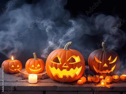 Halloween pumpkins with burning candles on dark background. Jack o lantern, with an evil face and eyes on a wooden bench table, Halloween background concept