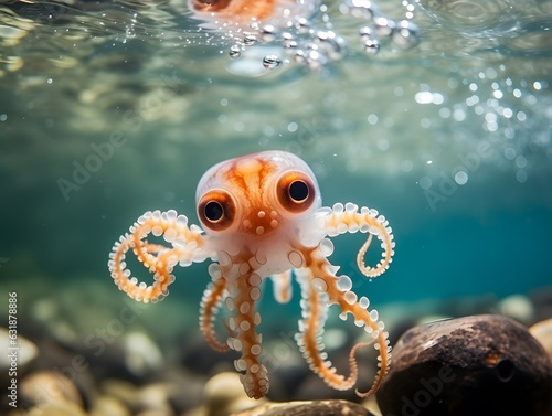 Little octopus swimming at Pacific ocean. © ZayNyi
