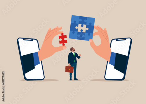 Collaboration and partnership. Decide jigsaw puzzle. Vector illustration.