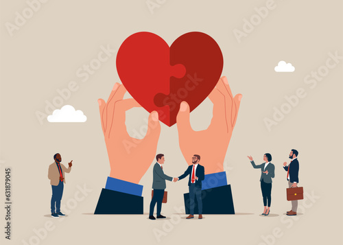 Business team connects the heart puzzle. Cooperation. Flat vector illustration