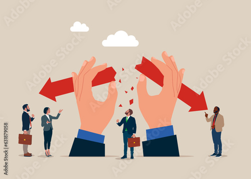 Difference of opinions business people. Disconnect or break the arrow. Vector illustration