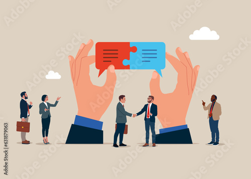 Communication success. Business team connect speech bubble puzzle. Vector illustration.
