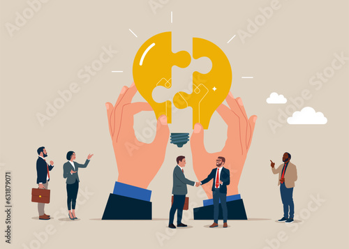 Business people holding a light bulb puzzle in his hand to connect. Working together to succeed. Flat vector illustration