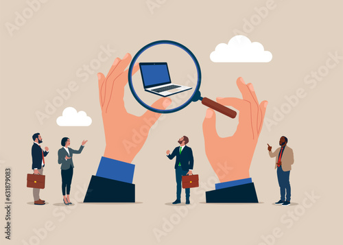 Business people uses a magnifying glass to view the laptop. Business analysis or market analysis. Vector illustration