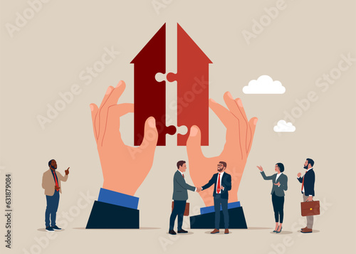 Business people support merging arrows and acquisitions to join for success. Vector illustration.