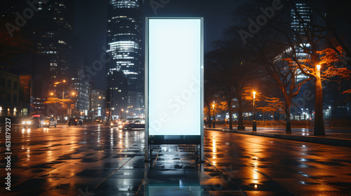 White vertical digital blank billboard poster on city street bus stop sign at rainy night, blurred urban background with skyscraper, people, mockup for advertisement