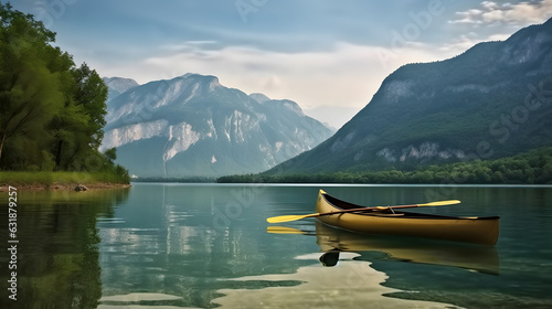 Canvas Print Canoe at lakeside with beautiful mountain scene.