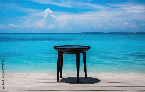 Blurred Beauty: A Captivating Wooden Table on the Beach, Framed by the Serene Blue Sea