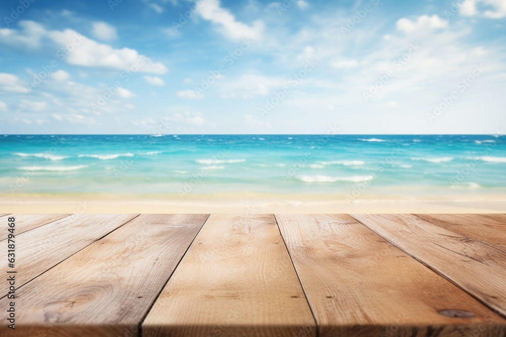 Nature's Harmony: Commissioned Artwork Depicting a Dreamy Ocean Landscape on a Background Wooden Table Nature's Harmony: Commissioned Artwork Depicting a Dreamy Ocean Landscape on a Background Wooden Table