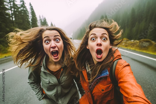 Captivating scene of two young, fiery women adventuring on a misty mountain road among fir forests. Embodying anger, wackiness and freedom for striking visuals. Generative AI photo
