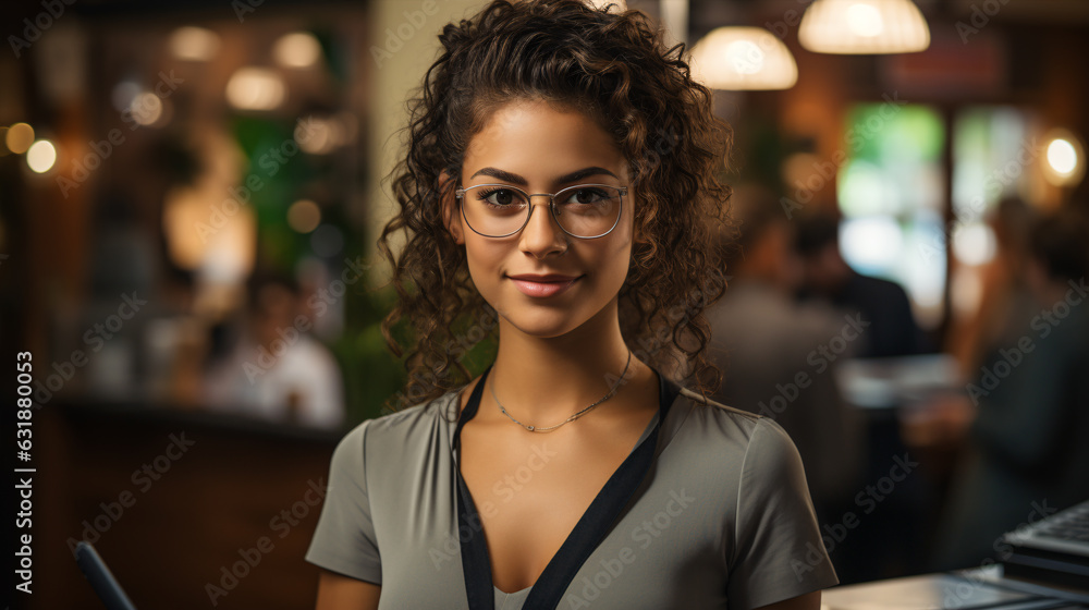 Portrait of happy woman standing at doorway of her store. Cheerful mature waitress waiting for clients at coffee shop. Successful small business owner