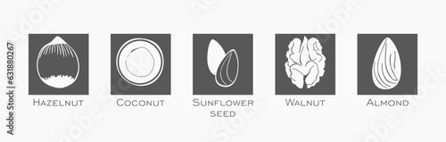 Design elements set of nuts. Hazelnut, coconut, sunflower seeds, walnut, almond. White silhouette isolated on black. For chocolate, oil, snack, milk, candy packaging. Line art. Cosmetic package label