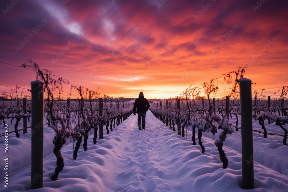 Fototapeta premium Under a golden sunset, a lone figure stands in a vineyard blanketed by snow, offering a wide-angle view of winter's serene embrace.