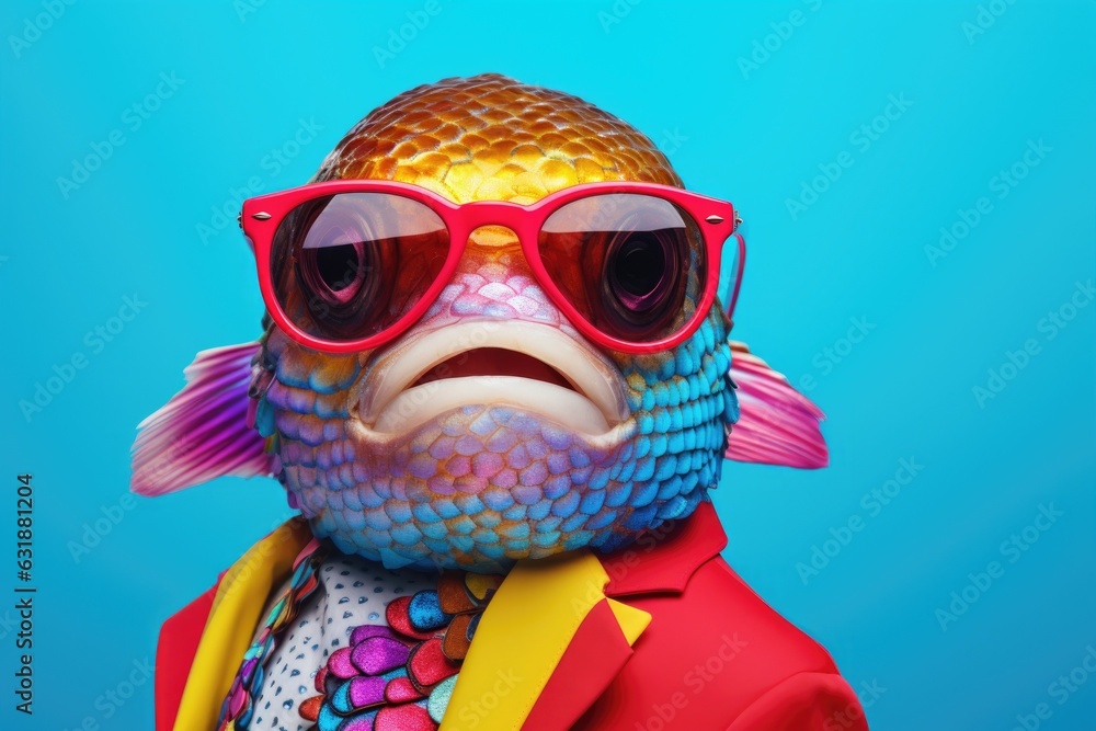 Portrait of confident fish wearing fashionable sunglasses, business jacket and looking at camera on monochrome background. Funny, cute photo of animal looks like a human on trend poster. Zoo club 
