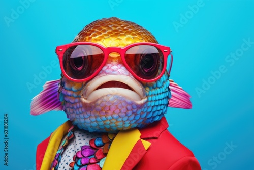 Portrait of confident fish wearing fashionable sunglasses  business jacket and looking at camera on monochrome background. Funny  cute photo of animal looks like a human on trend poster. Zoo club 