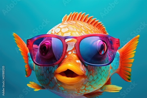 Portrait of smiling happy fish wearing fashionable sunglasses , Hawaiian style and looking at camera on monochrome background. Funny, cute photo of animal looks like a human on trend poster. Zoo club  photo