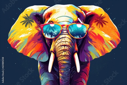 Portrait of big Elephant in Paint wearing fashionable sunglasses , Indian patterns on monochrome background. Funny, cute photo of animal looks like a human on trend poster. Holi festival 