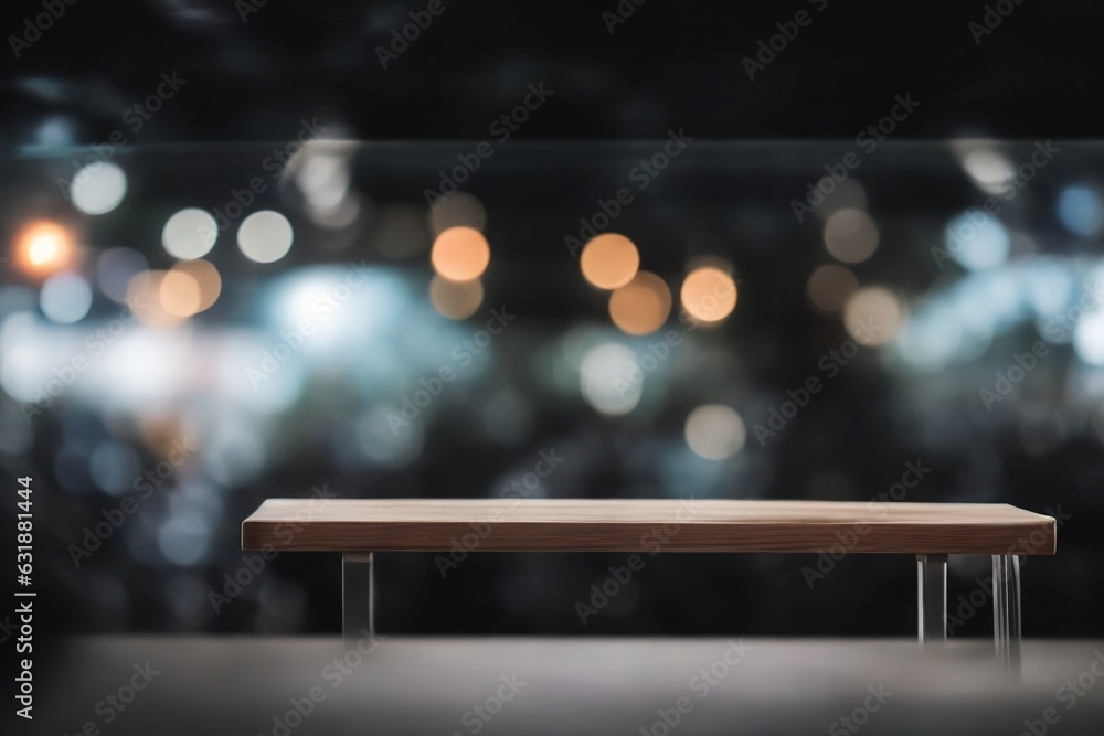 Empty 3D wooden table, blurry night market background with a cinematic spotlight. Product commercial display.
