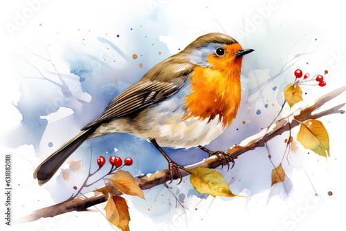 Watercolor painting of a robin bird in autumn between autumn leaves. Generative AI. © britaseifert