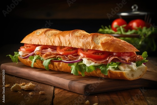 A sub sandwich with ham, cheese, lettuce, and tomatoes on a wooden cutting board.
