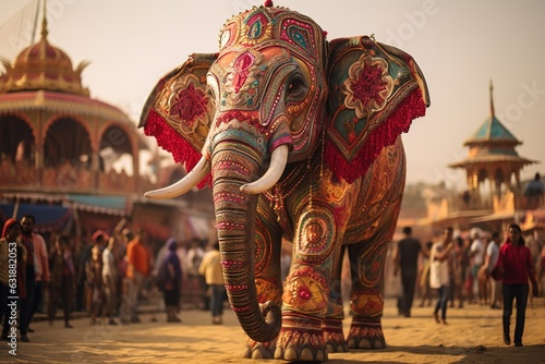 Decorated Indian elephant in the temple, colourful elephant photo