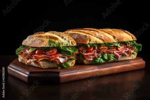 A sub sandwich with ham, cheese, lettuce, and tomatoes on a wooden cutting board. photo