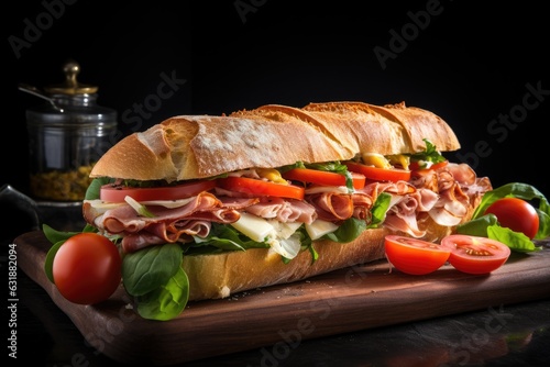 A sub sandwich with ham, cheese, lettuce, and tomatoes on a wooden cutting board.