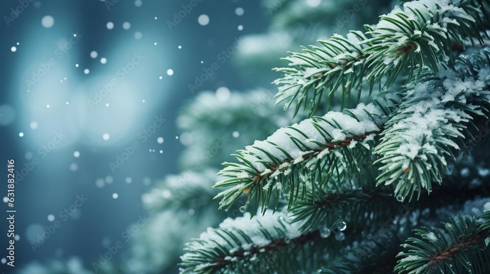 Close-up view of snow-covered fir tree branches during Christmas. A depiction of the winter holiday season with ample space for text. Generative AI